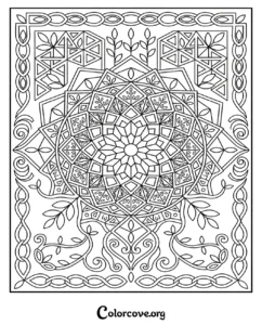 A complex geometric mandala pattern coloring page with intricate floral details and decorative borders for adults and teens.