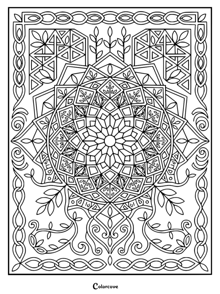 Intricate geometric mandala coloring page featuring central starburst, leaf motifs, and a decorative braided border.