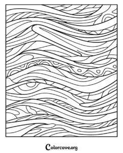 A relaxing abstract wavy pattern coloring page featuring flowing lines and decorative shapes for stress relief.