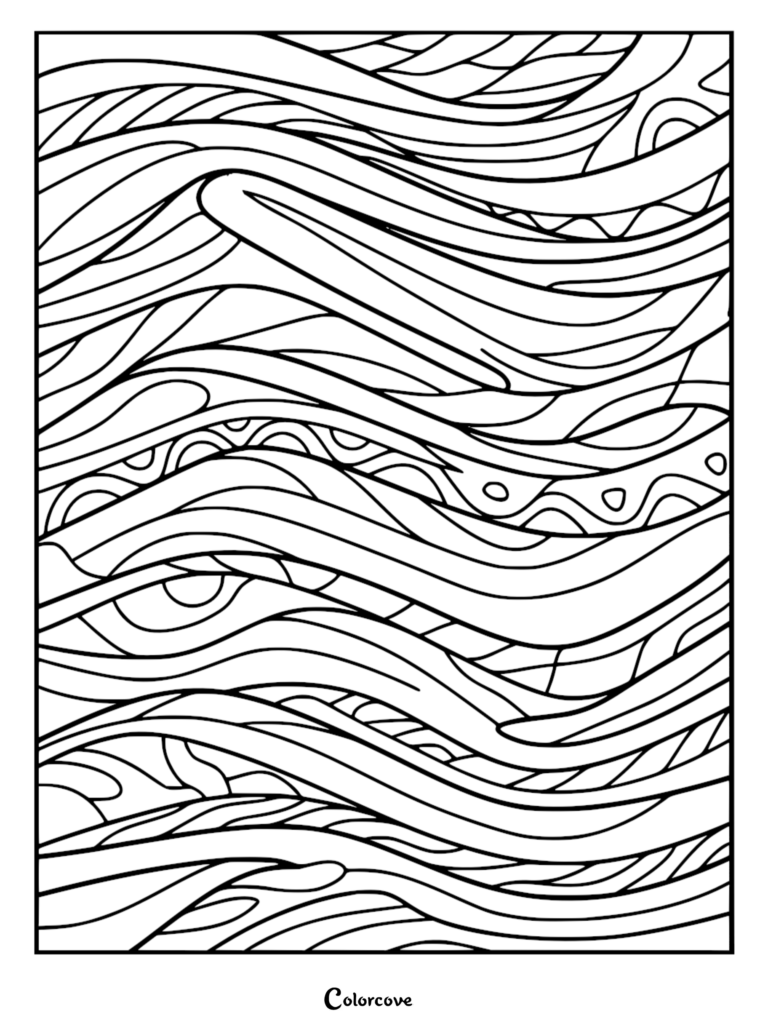 A printable coloring page featuring flowing, horizontal wavy lines with decorative circles and zig-zag accents.
