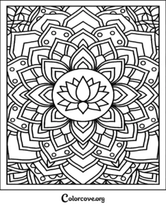 A beautiful lotus flower inside a symmetrical mandala pattern coloring page for adults and kids to print and color.