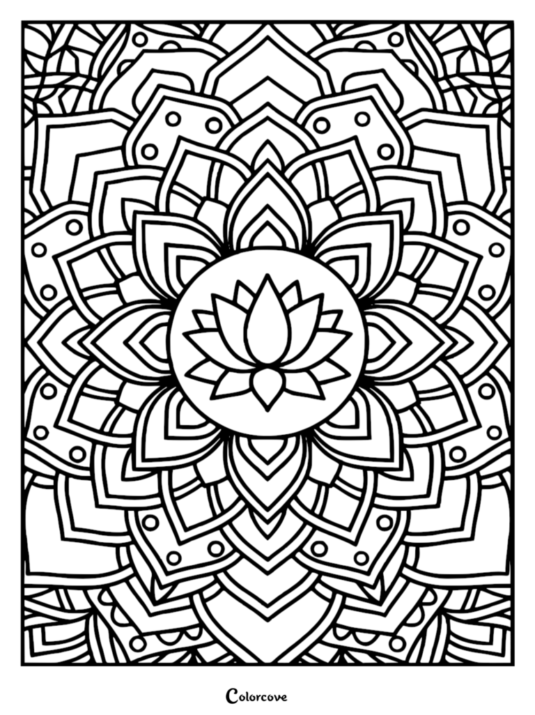 A symmetrical lotus flower mandala coloring page featuring concentric petal layers and circular dot accents.