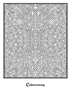 A complex and intricate Celtic knot pattern coloring page featuring interwoven lines and geometric designs for relaxing adult coloring.