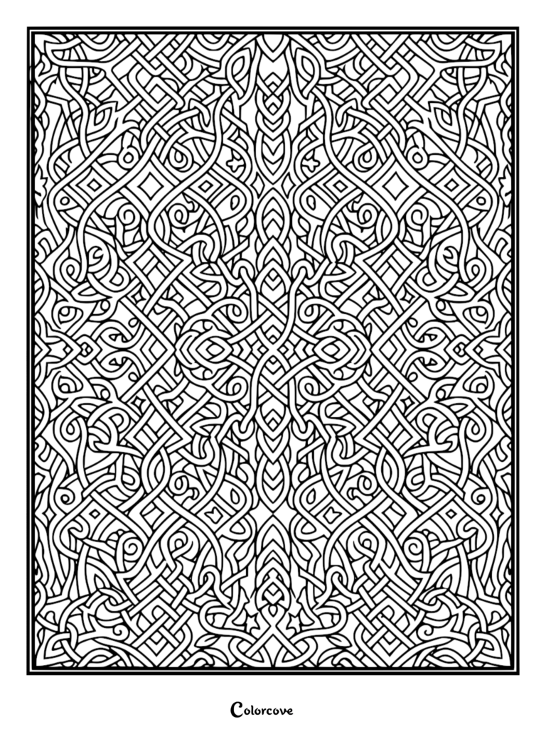 A complex Celtic knotwork coloring page featuring symmetrical interlacing lines and geometric shapes in a dense, repeating pattern.