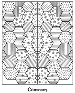 A detailed geometric hexagon pattern coloring page featuring floral, striped, and dotted designs for adults and teens to print and color.