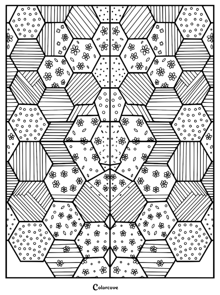 A complex geometric coloring page featuring a repeating pattern of hexagons filled with floral, striped, and dotted textures.