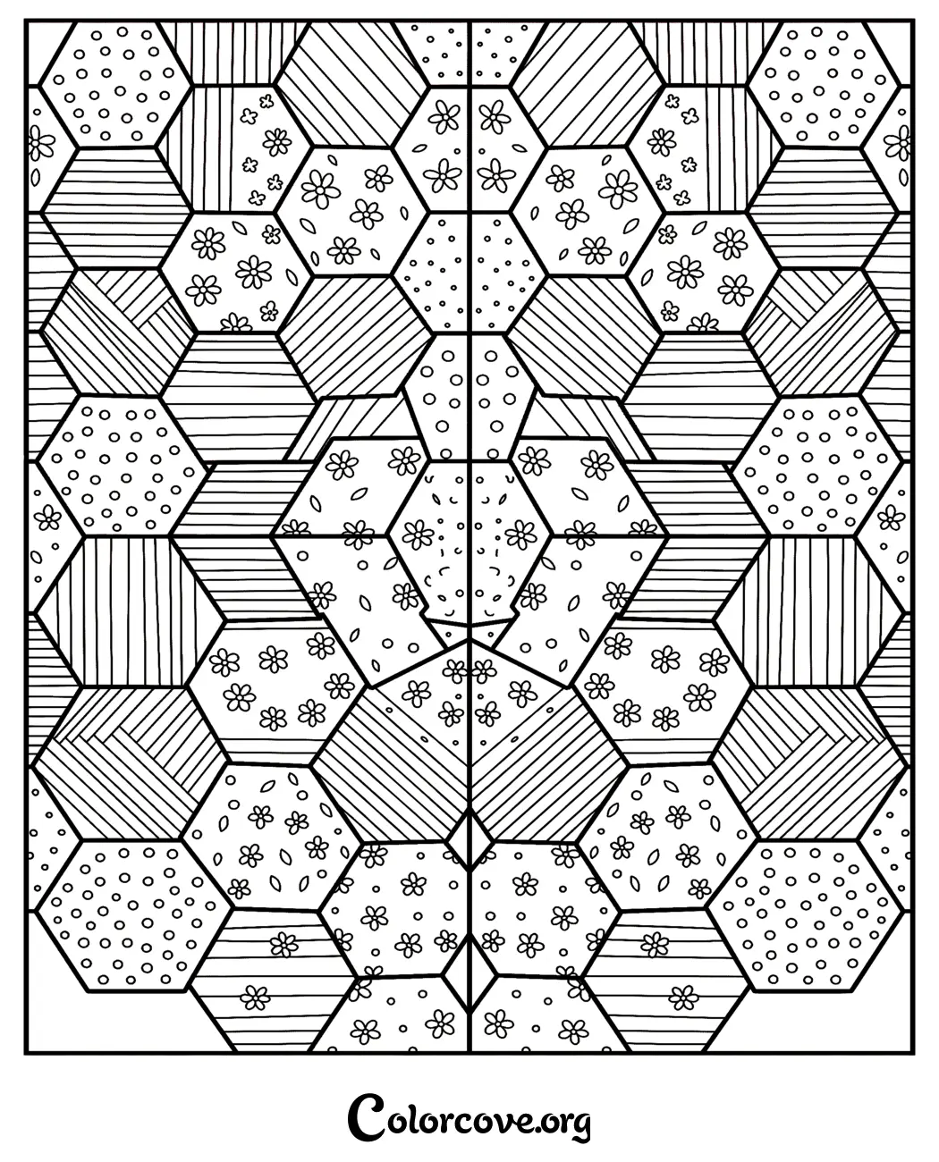 Unwind with this intricate geometric hexagon pattern coloring page. Download and print this relaxing floral and abstract design in seconds for a creative art project.