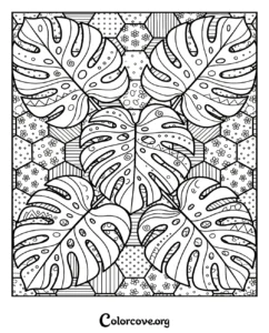 A detailed tropical monstera leaf pattern coloring page featuring geometric hexagon backgrounds for adults and kids.