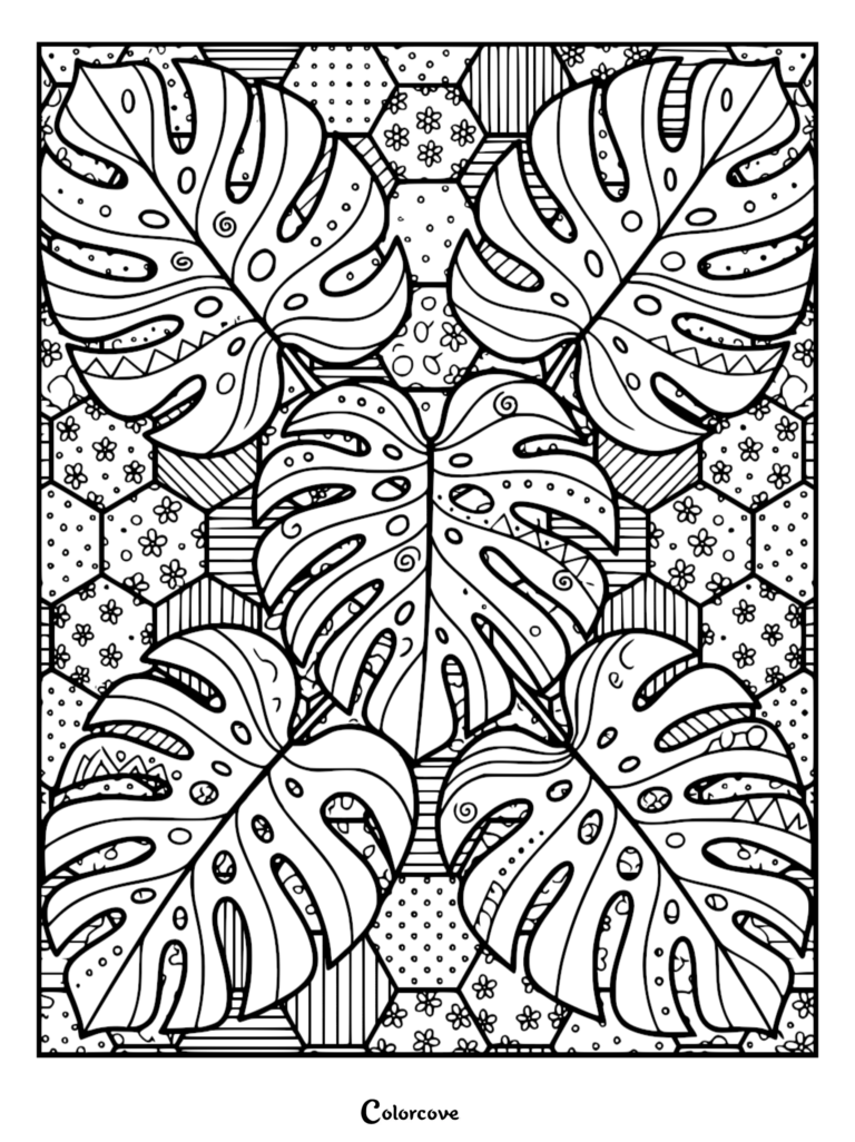 Intricate monstera leaves layered over a geometric hexagon grid coloring page with floral and dotted patterns.