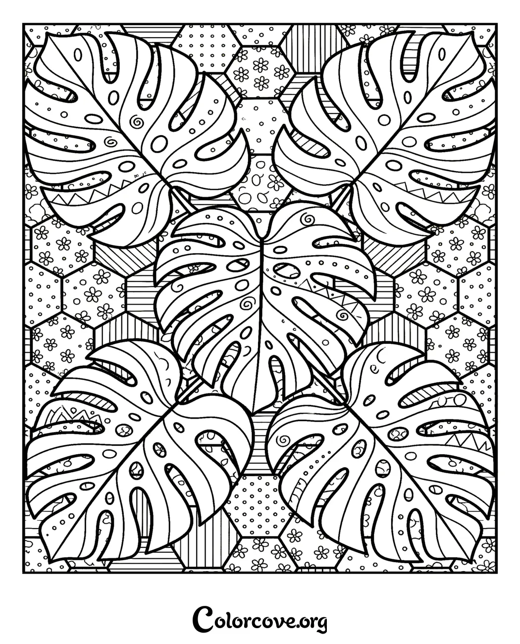 Immerse yourself in relaxation with this intricate tropical leaf pattern coloring page. Download and print this beautiful botanical design for free in seconds.