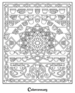 A detailed teacup pattern coloring page featuring intricate geometric shapes and coffee mugs for adults and kids.