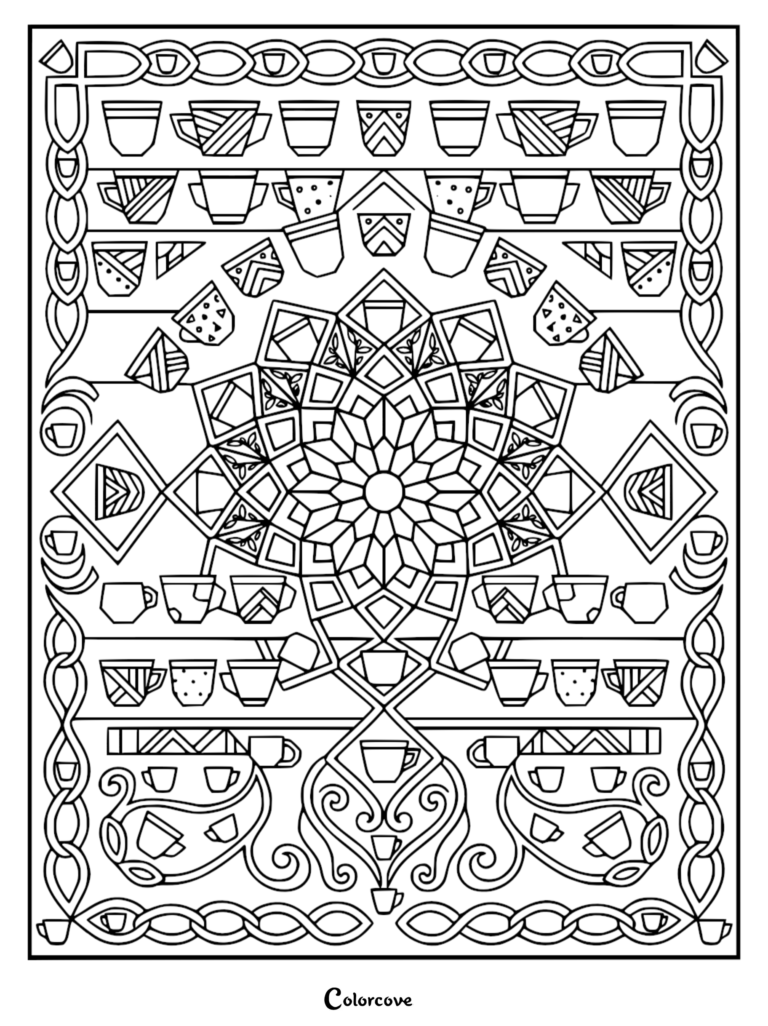 Intricate coloring page featuring a central geometric mandala surrounded by rows of patterned coffee cups and decorative swirling borders.