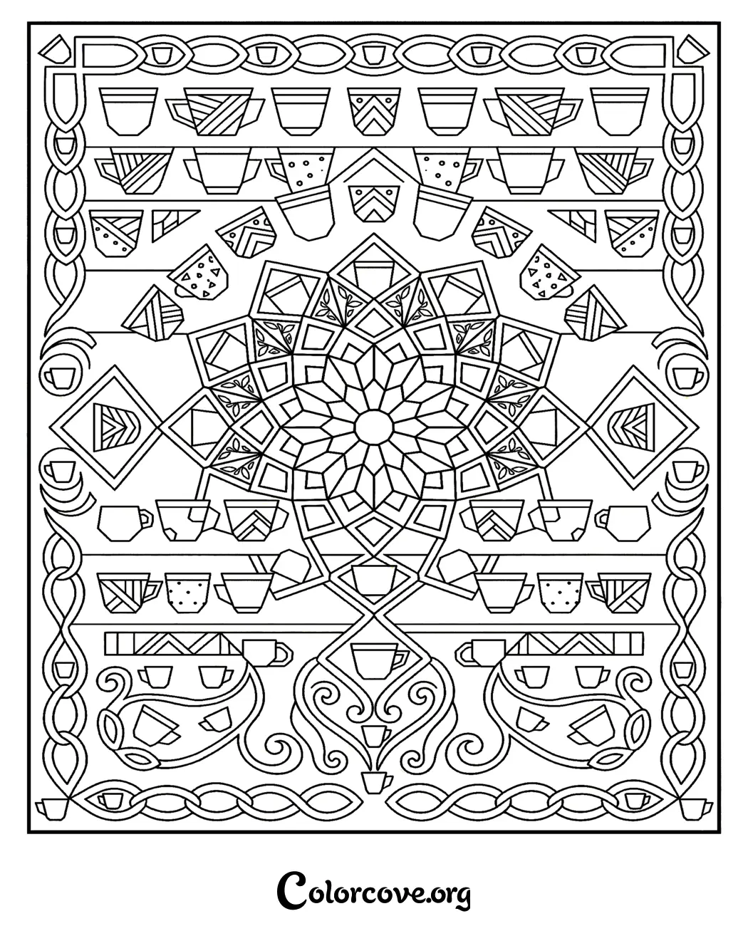 Unwind with this beautiful teacup pattern coloring page featuring a complex mandala design. Simply print this artistic sheet for a relaxing, creative coffee-themed coloring experience.