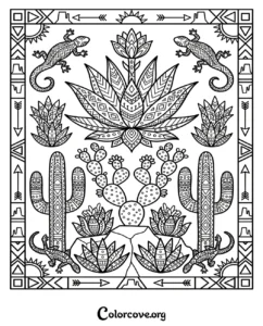 A detailed southwestern desert pattern coloring page featuring cacti, succulents, and lizards for adults and kids to print.