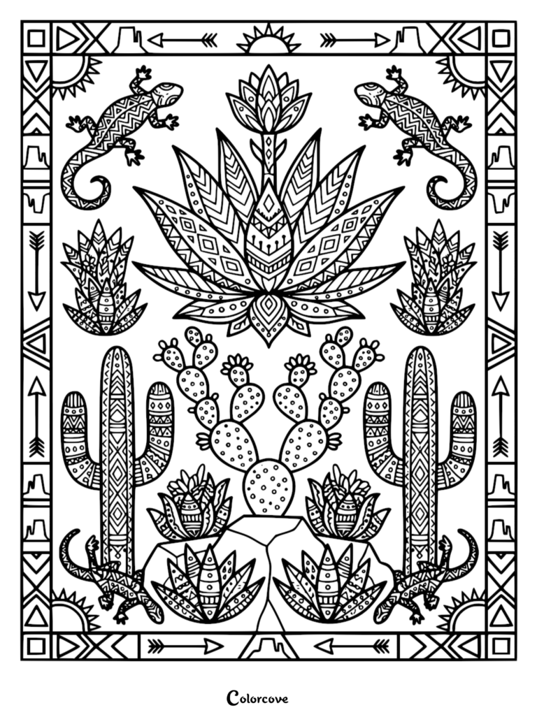 Intricate desert pattern coloring page featuring patterned lizards, cacti, agave plants, and geometric borders with arrows and suns.
