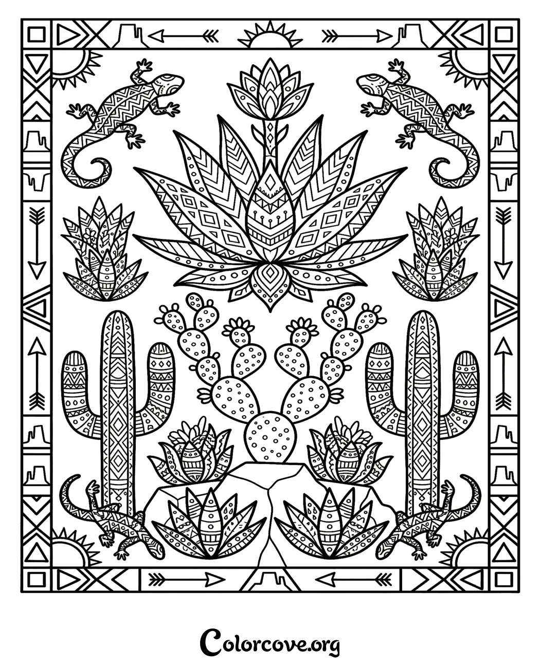Immerse yourself in the beauty of the desert with this intricate southwestern pattern coloring page. Featuring detailed cacti, succulents, and desert lizards, this printable design is perfect for relaxing and creative coloring.