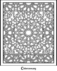 An intricate geometric Islamic pattern coloring page featuring complex star and hexagonal shapes for adults and kids to color.