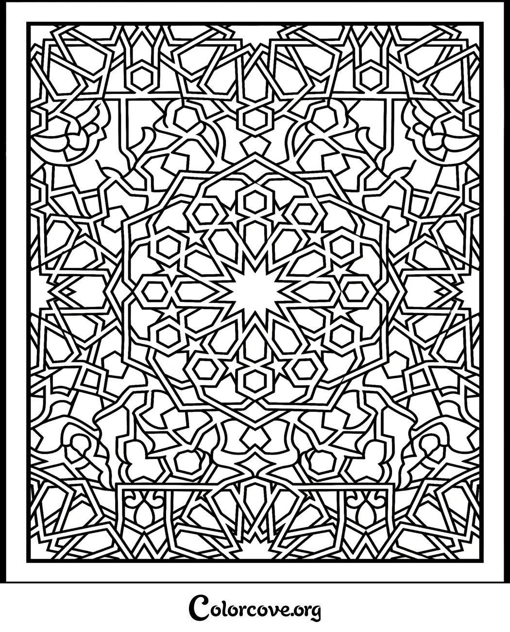 Unwind with this mesmerizing geometric pattern coloring page featuring an intricate, tessellating Islamic-inspired design. Print this high-quality, complex coloring sheet in seconds and enjoy hours of creative relaxation.