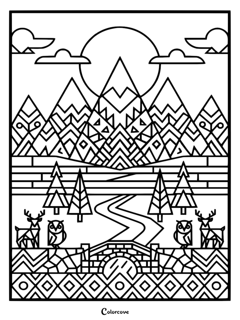 Geometric pattern coloring page featuring stylized mountains, pine trees, owls, and deer near a stone bridge.