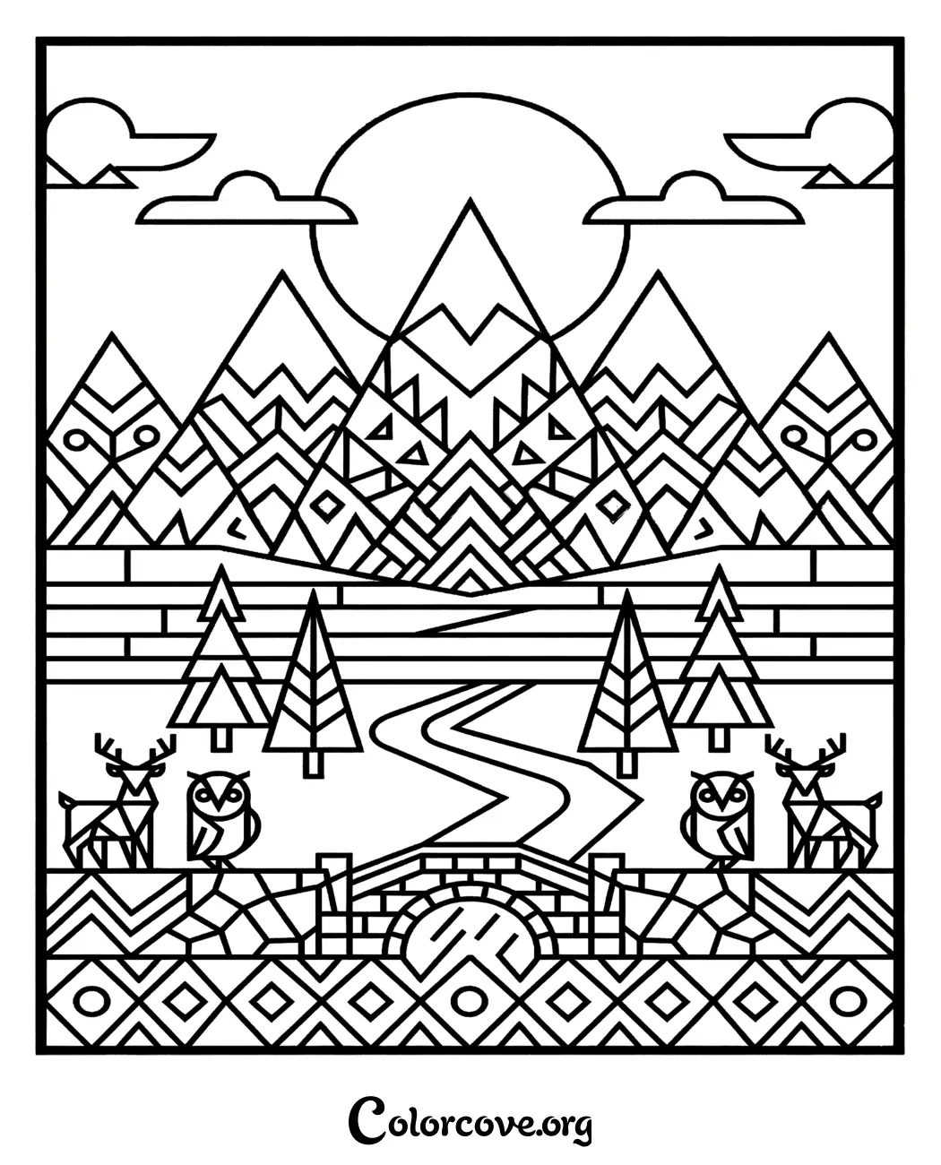 Unwind with this beautiful geometric mountain landscape coloring page. This printable pattern is perfect for nature lovers and artists looking to practice coloring intricate, symmetrical designs.