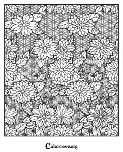 An intricate floral pattern coloring page featuring detailed chrysanthemum flowers and geometric backgrounds for adults and kids.