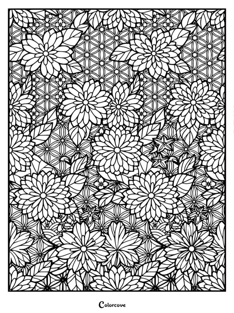 Intricate floral pattern coloring page featuring layered chrysanthemums and leaves over a geometric hexagonal background.