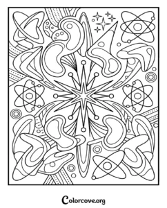 A detailed abstract pattern coloring page featuring space-themed elements like atoms, stars, and cosmic shapes for adults and kids.