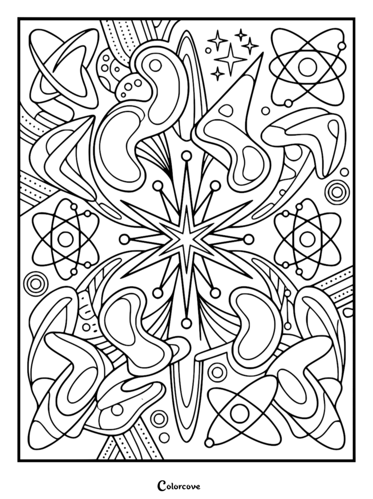 Mid-century modern atomic pattern coloring page featuring starbursts, boomerangs, and orbiting atom symbols in a retro space design.