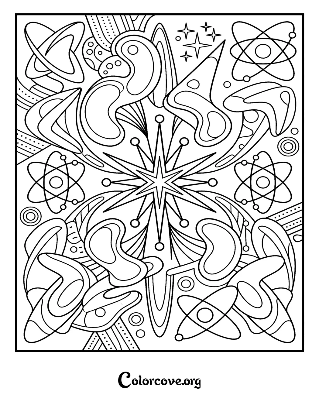 Explore the wonders of the universe with this intricate abstract space pattern coloring page. Download and print this cosmic-themed design for hours of relaxing, creative fun.