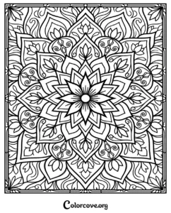 A detailed floral mandala pattern coloring page with symmetrical flower petals and intricate swirling lines for adults and kids.
