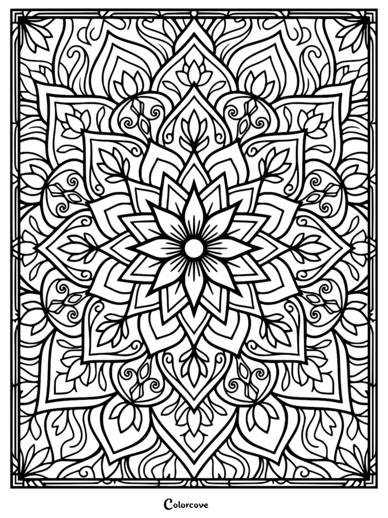 A symmetrical floral mandala coloring page featuring intricate petal layers, swirling vines, and geometric leaf motifs.