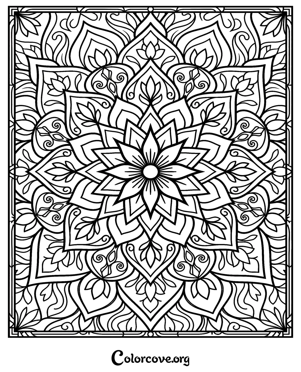 Unwind with this beautiful floral mandala pattern coloring page. Download and print this intricate geometric design instantly for a relaxing and creative coloring experience.