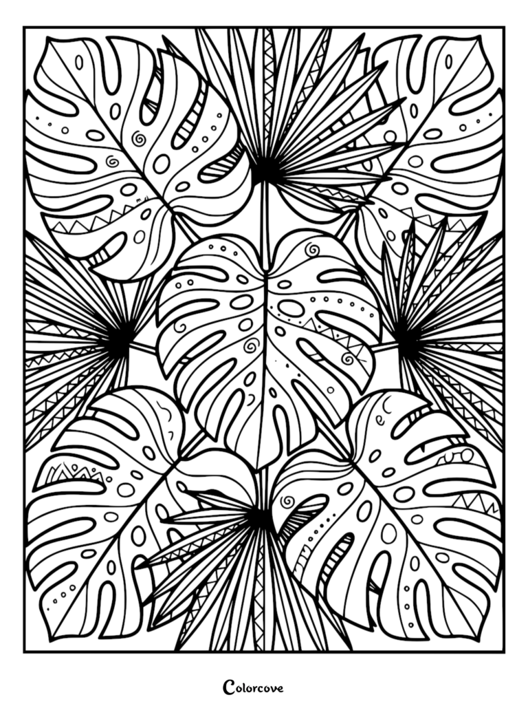 Intricate tropical monstera and palm leaf pattern coloring page with geometric line art details.