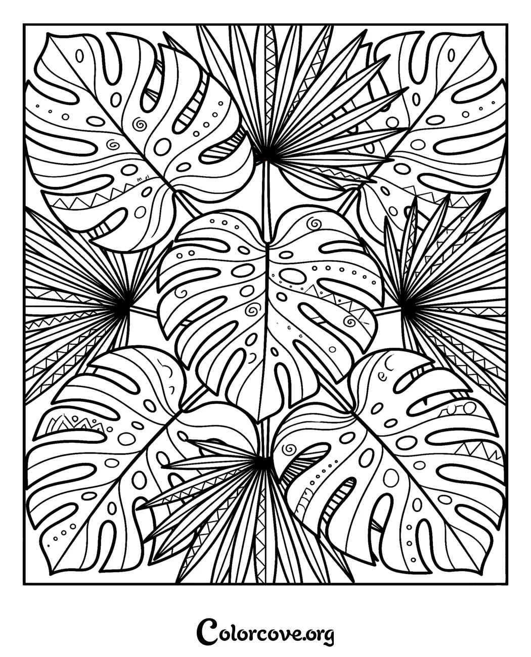 Unwind with this beautiful tropical leaf pattern coloring page. Download and print this intricate botanical illustration in seconds for a relaxing creative activity.