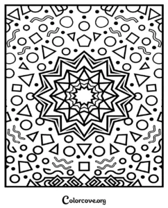 An abstract geometric pattern coloring page featuring a central starburst mandala surrounded by circles, triangles, and wavy line shapes.