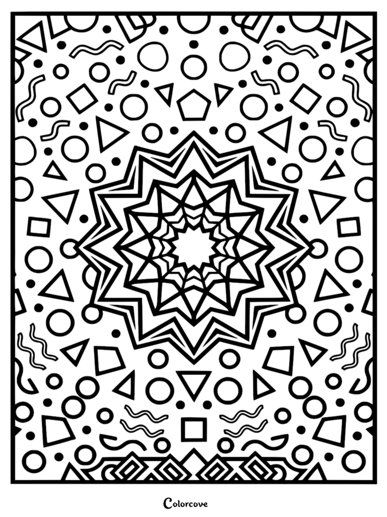 A geometric coloring page featuring a central starburst surrounded by scattered circles, triangles, squares, and wavy lines.