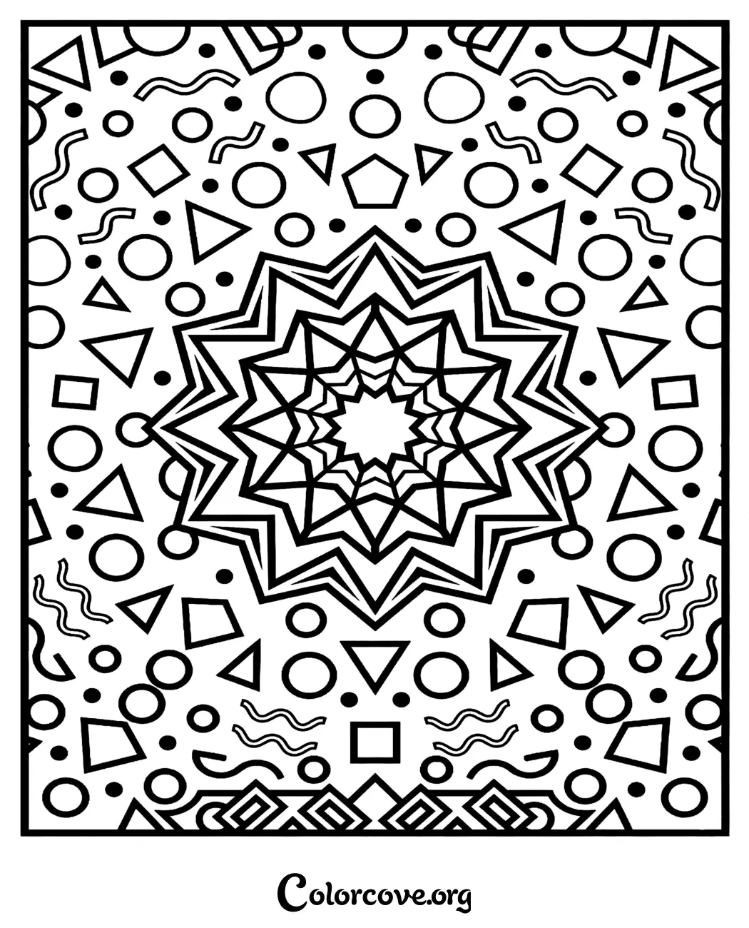 Unwind with this intricate abstract pattern coloring page featuring a mesmerizing central star design and geometric shapes. Print this relaxing design for free and bring it to life with your favorite colors.