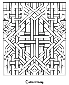 An intricate geometric abstract pattern coloring page featuring complex interwoven lines and sharp angles for adults and teens.