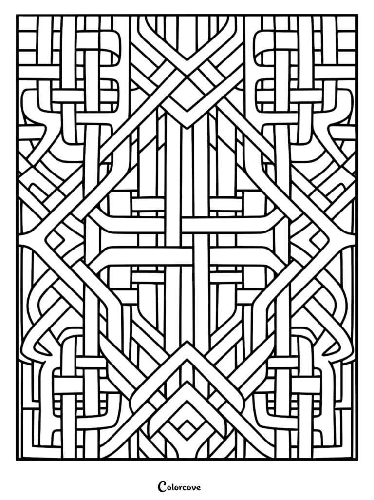 A complex geometric coloring page featuring an intricate, symmetrical pattern of interwoven lines and diamond shapes.