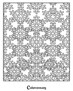 Intricate snowflake pattern coloring page for adults and kids featuring repeating winter frost designs.