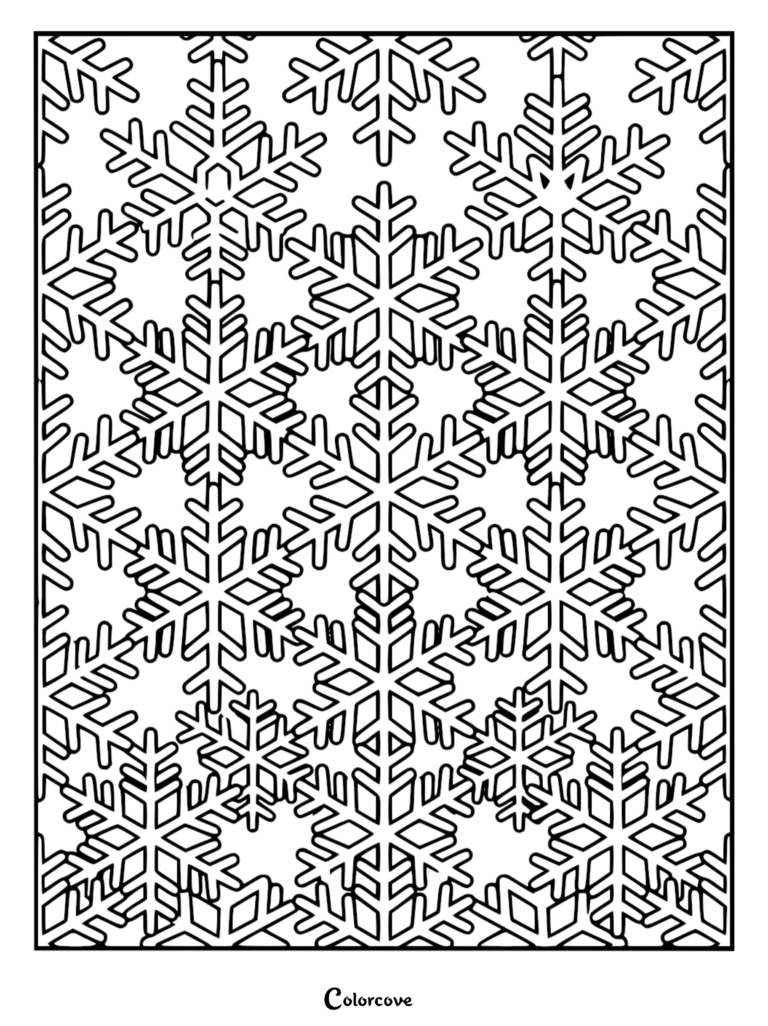 A repeating geometric snowflake pattern coloring page featuring interconnected six-pointed crystalline shapes.