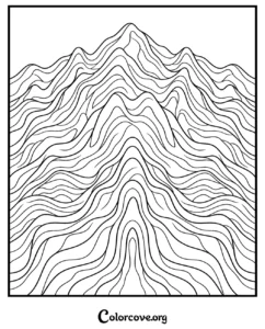 A relaxing mountain landscape pattern coloring page featuring intricate topographic wave lines for adults and kids to color.