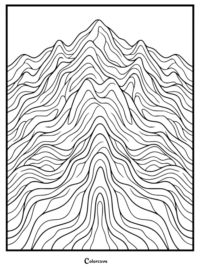 A black and white coloring page featuring a symmetrical mountain range pattern with flowing, wavy topographical lines.