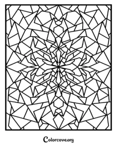 A complex geometric stained glass pattern coloring page with sharp angular shapes for adults and teens to color.