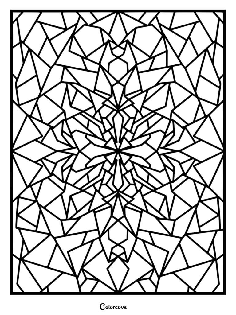 A complex geometric coloring page featuring a symmetrical stained glass pattern with sharp triangular and polygonal shapes.