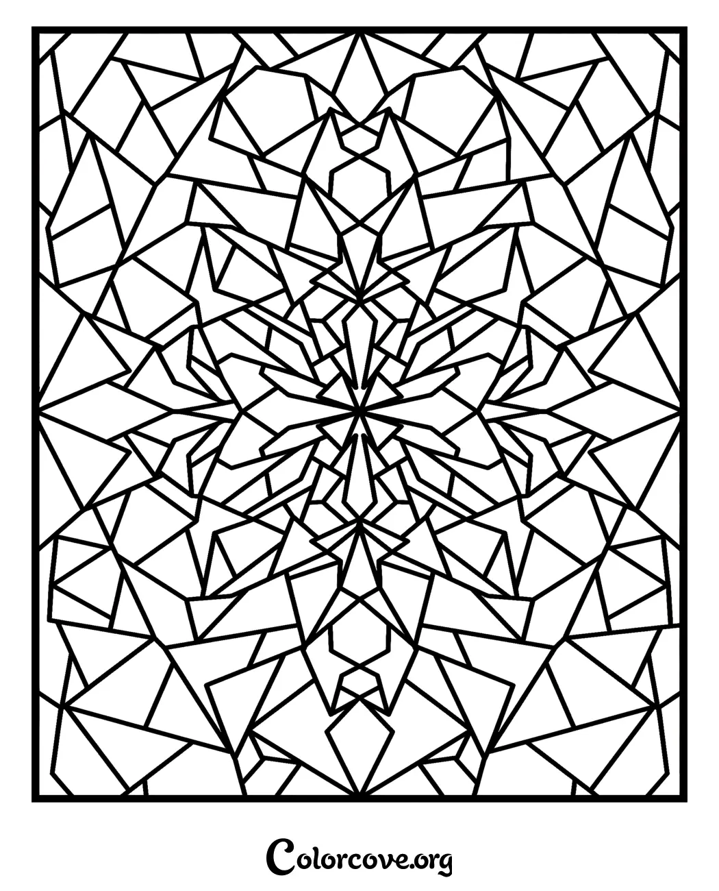 Unwind with this intricate geometric stained glass pattern coloring page, perfect for mindful relaxation. Print this high-quality design instantly and get creative with your favorite colors.