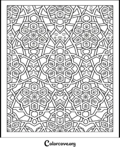 An intricate geometric pattern coloring page featuring floral motifs and symmetrical shapes for adults and kids.