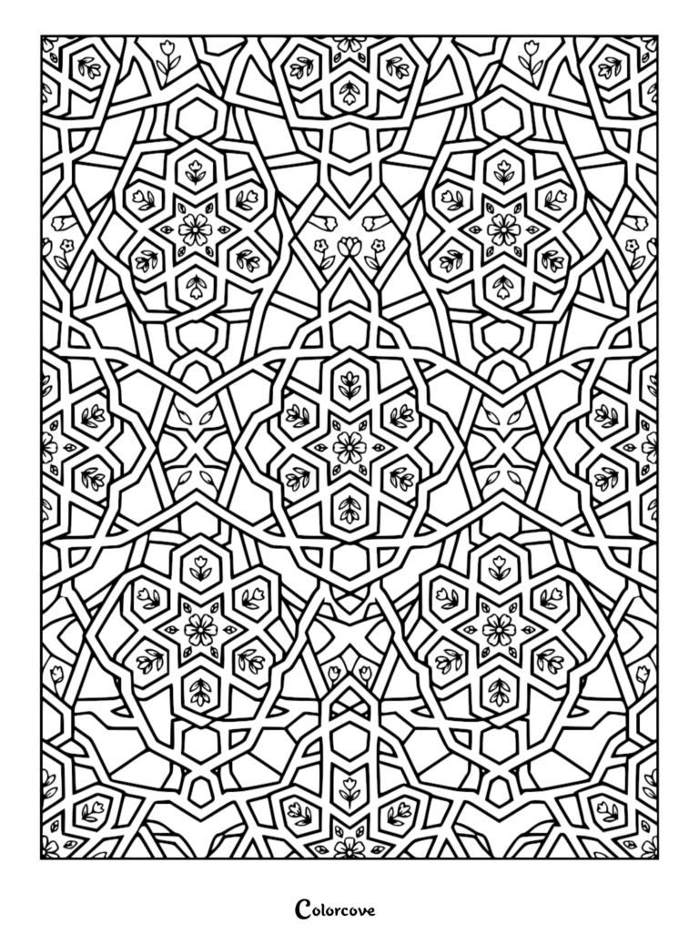 Intricate geometric coloring page featuring repeating hexagonal star motifs with delicate floral accents and interlocking lines.