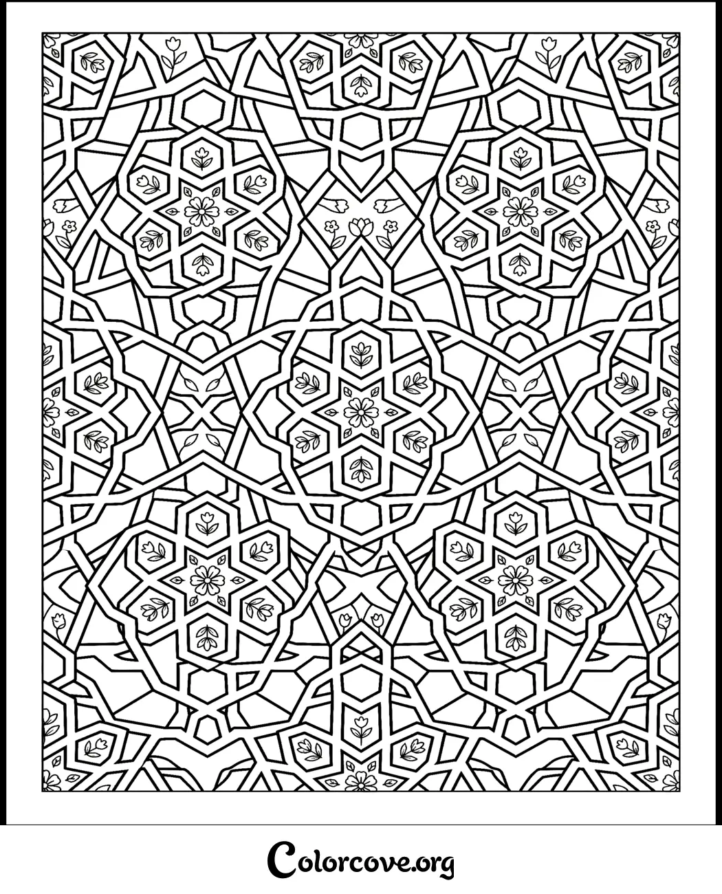 Relax and unwind with this beautiful geometric floral pattern coloring page. Download and print this detailed design in seconds for a mindful and creative art session.