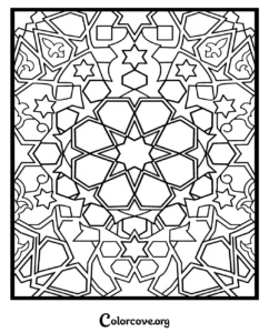 Intricate geometric pattern coloring page featuring an Islamic-inspired star design for adults and kids to print and color.